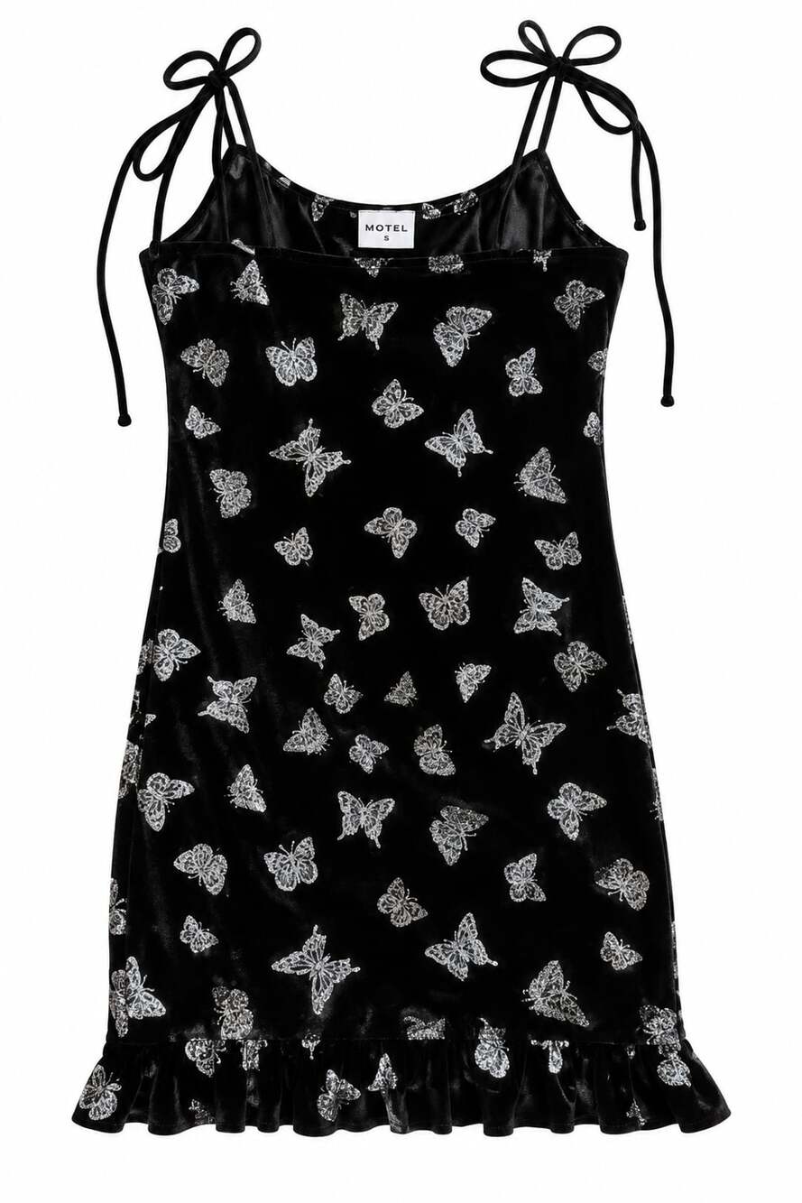 Motel Rocks Y2K Black Velvet Glitter Butterfly Mini Dress S